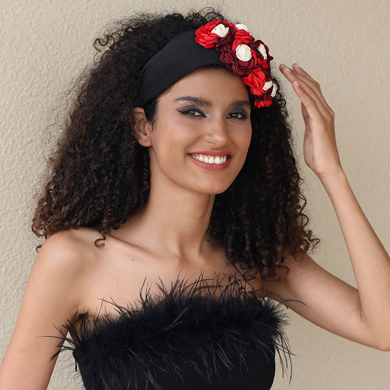 Fashionable design with three-dimensional flower headbands on the side