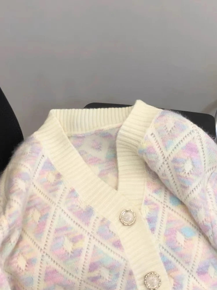Sweet Women Sweaters Contrast Color Argyle V Neck Fall Winter Short Cardigans Korean Style Elegant Chaquetas