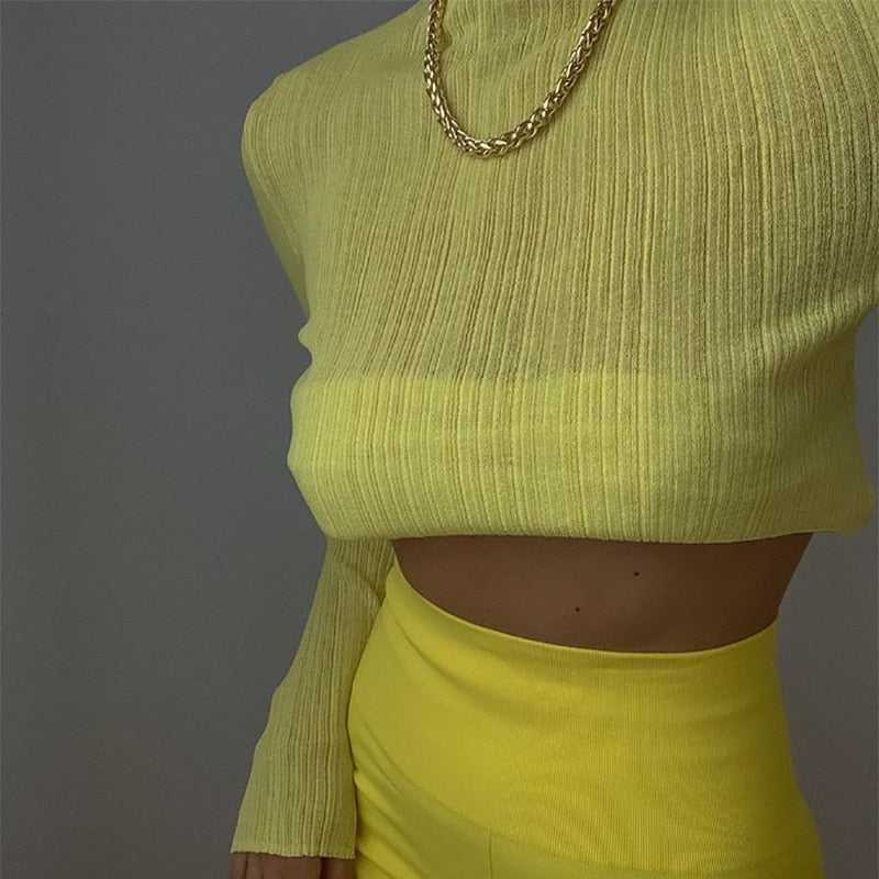 Cryptographic Fall Elegant See Through Long Sleeve Mock Neck Women Tops Fashion Streetwear Sexy T-Shirts Tees Slim Clothes