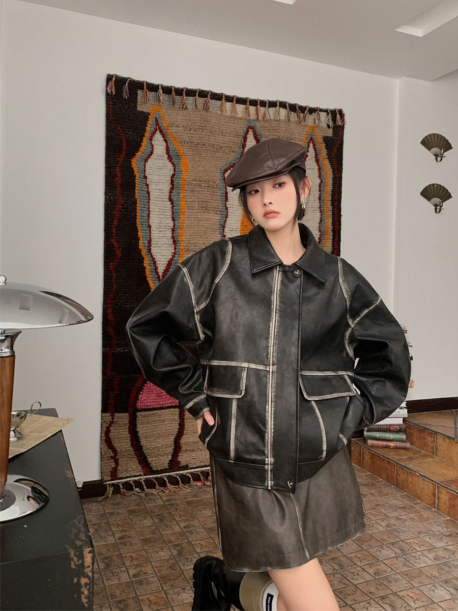 Pockets Faux Leather Jacket Women Fall Winter Vintage New Oversized Faux Pu Coat Chic Turn Down Collar Outerwear