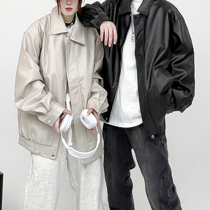 Fall New PU Leather Solid Color Hip-Hop Jacket, Biker Style Casual Versatile Coat for Men and Women