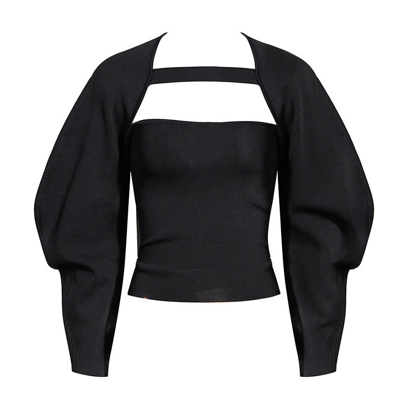 Casual Two Piece Set For Women Square Collar Solid Sling Puff Sleeve Tunic Coat Black Suit Female Fall Fashion