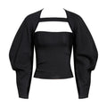 Casual Two Piece Set For Women Square Collar Solid Sling Puff Sleeve Tunic Coat Black Suit Female Fall Fashion