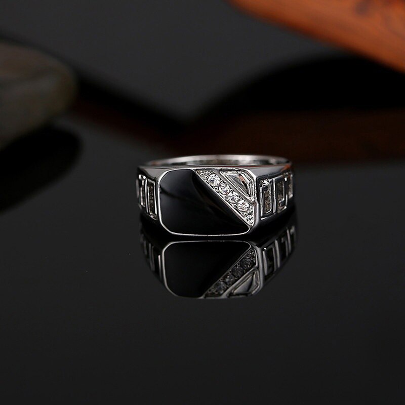 Fashion Male Jewelry Classic Gold Color Rhinestone Wedding Ring Black Enamel Rings For Men Christmas Party Gift
