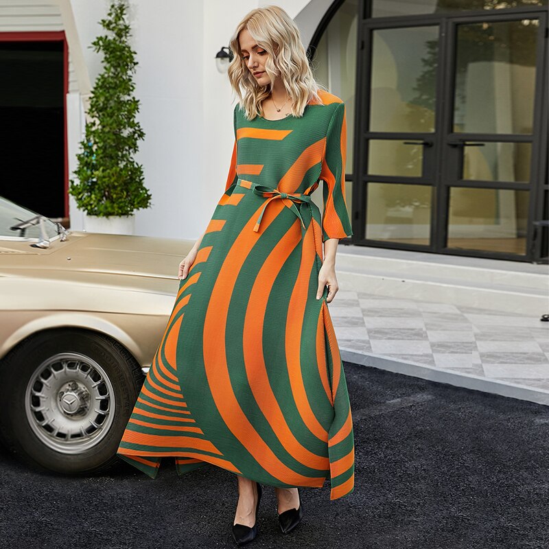 Fall Loose women pleated designer dress with Sashes orange stripes Bohemian dress high fashion aesthetic indie clothes