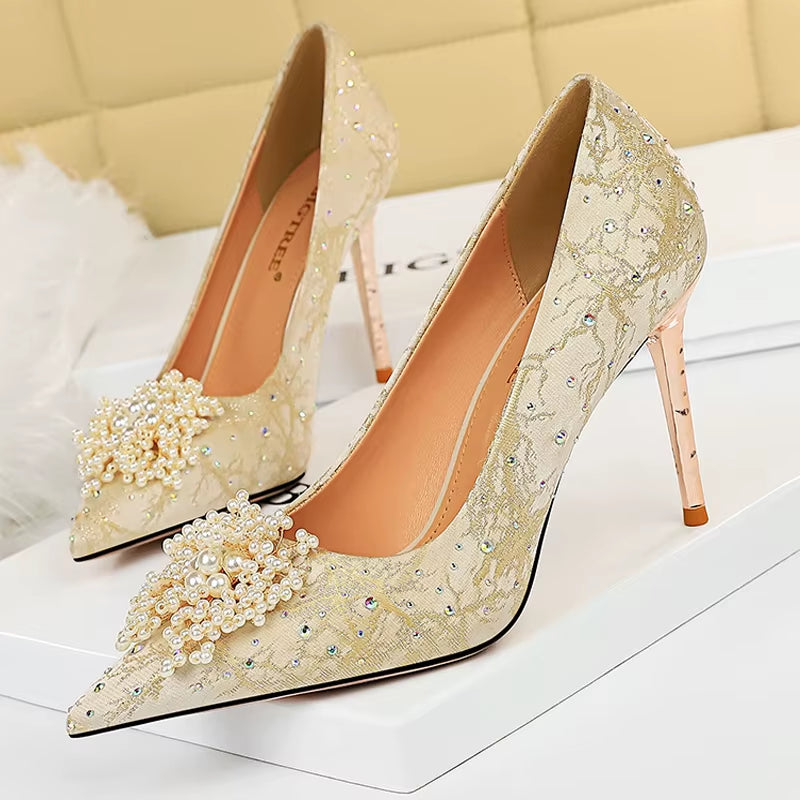BIGTREE Shoes Pearl Flowers Woman Pumps Rhinestone High Heels 2026 New Luxurious Women Heels Stiletto Large Size Ladies Pumps