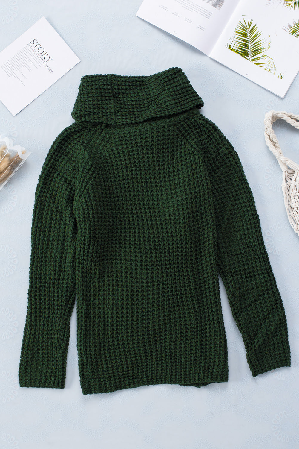 Khaki Buttoned Wrap Turtleneck Sweater