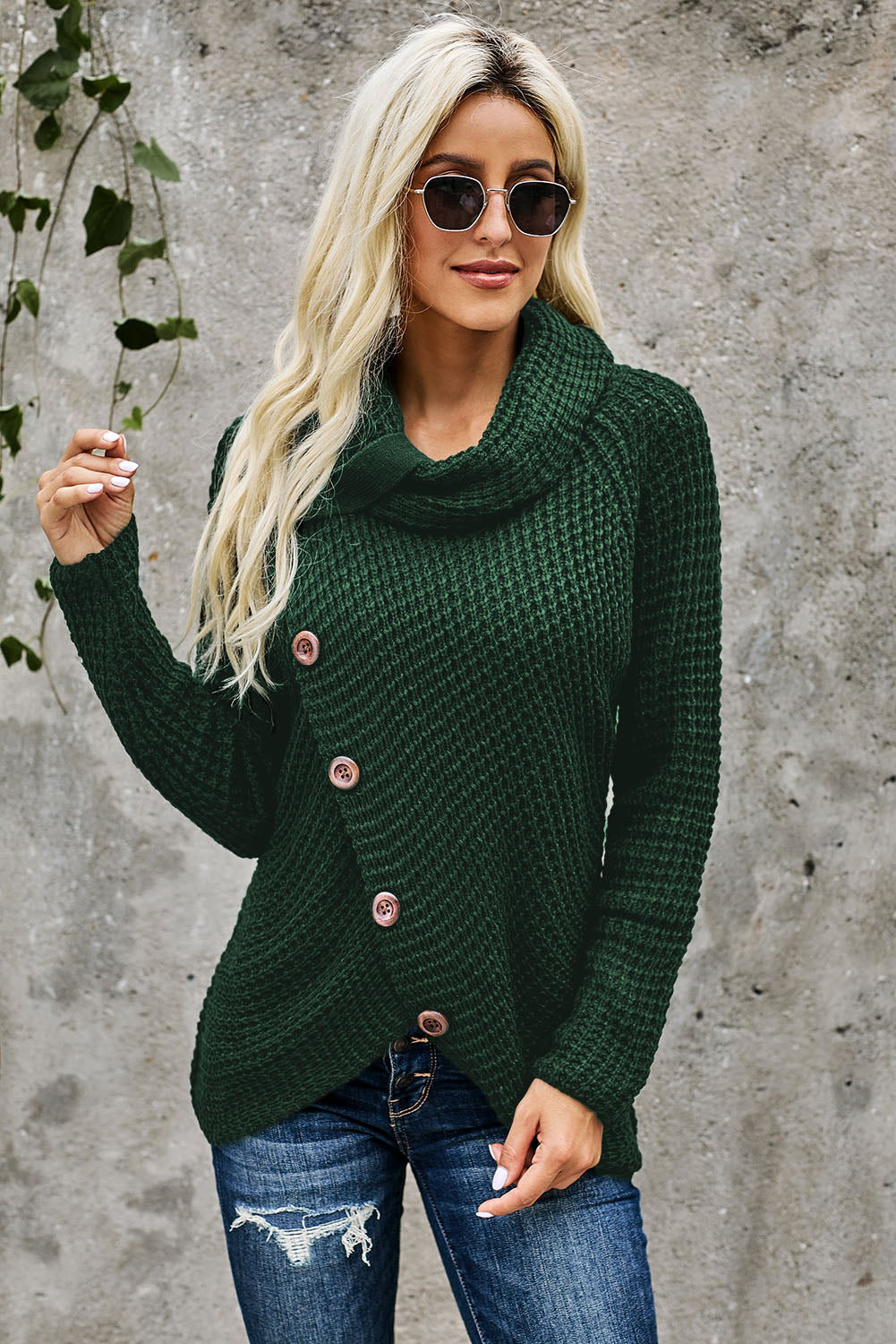 Khaki Buttoned Wrap Turtleneck Sweater