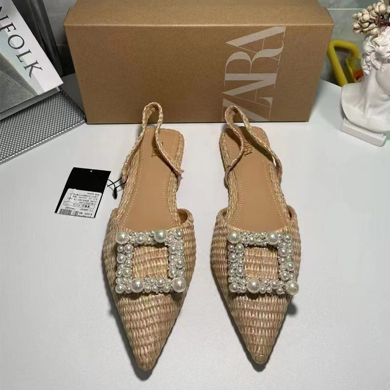 Flat Shoes Pearl Espadrilles for women Casual Slingback Rhinestone Shoes Woman Spring Summer Ladies Low heel Shoes