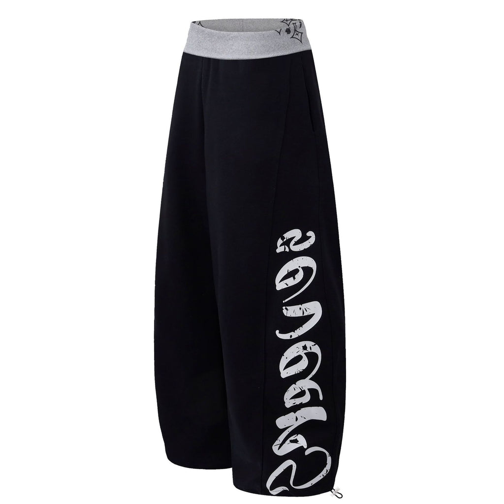 Wide Leg Sweatpants, Color Block Waistband Side Letter Print Loose Draped Casual Pants