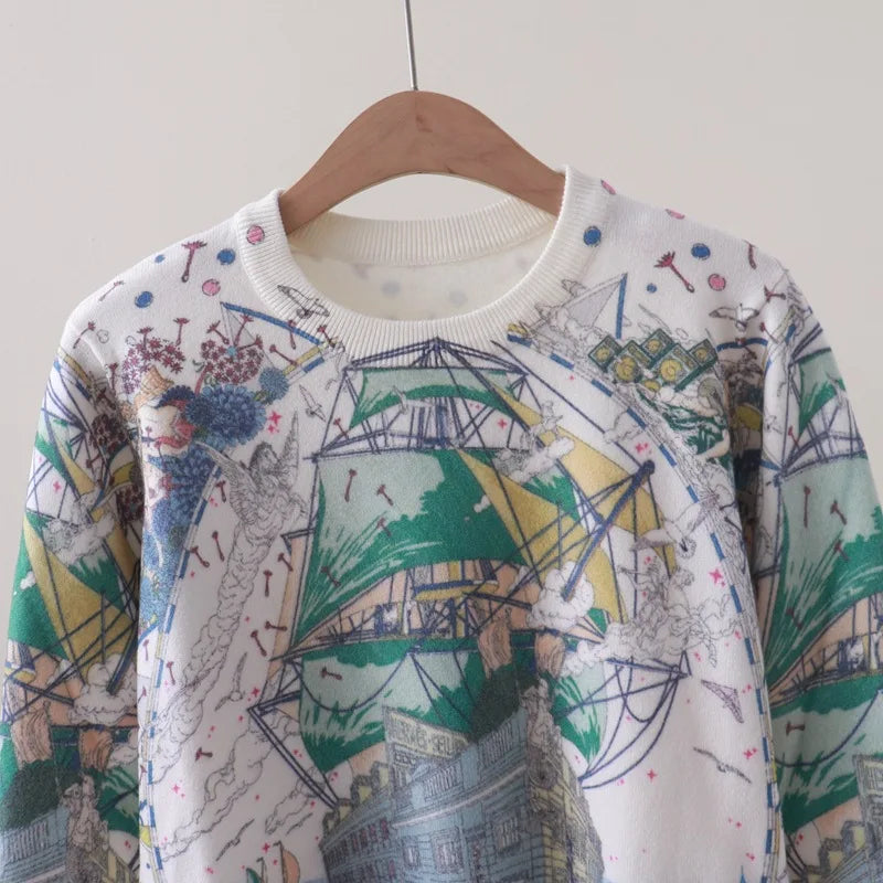 Fall Winter Art Print Sailboat Women's Sweater Pullover Swater Women Clothing Retro Crewneck Knitted Bottom top Y2K Clothes
