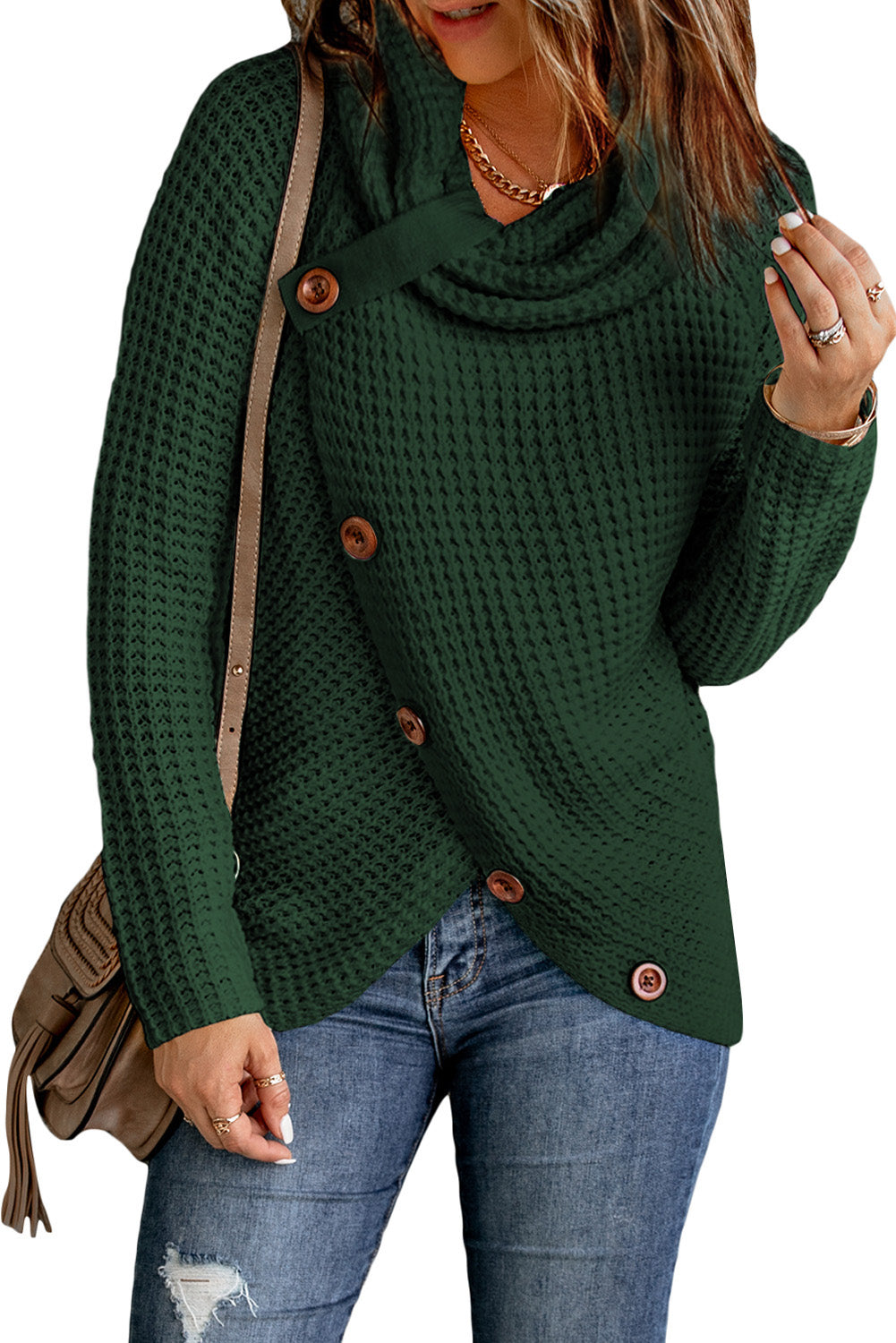 Khaki Buttoned Wrap Turtleneck Sweater