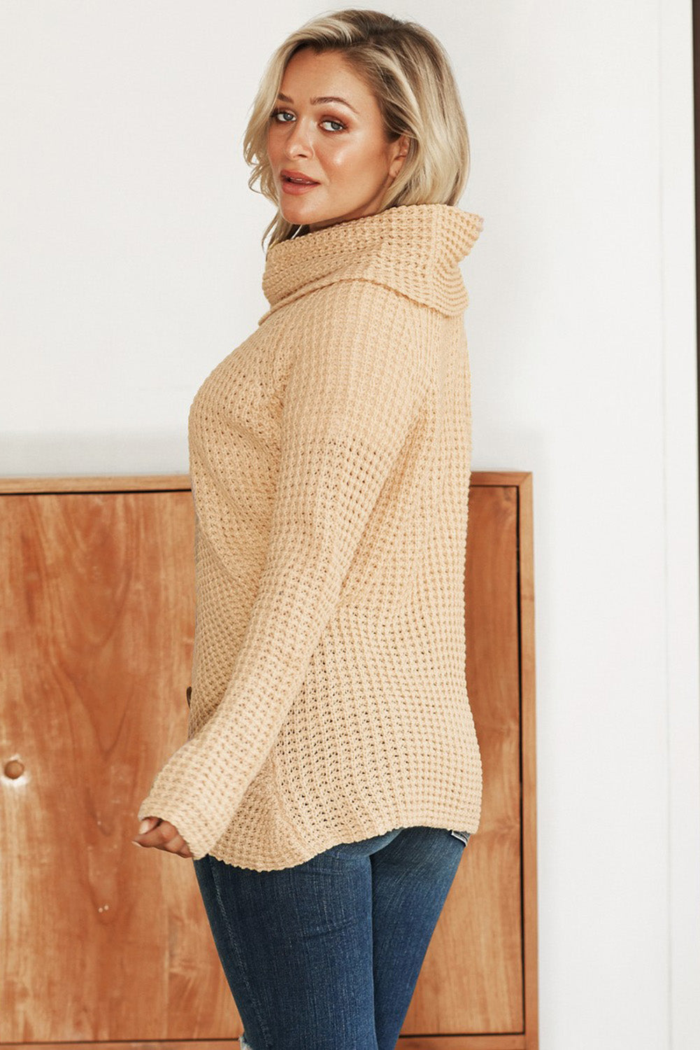 Khaki Buttoned Wrap Turtleneck Sweater