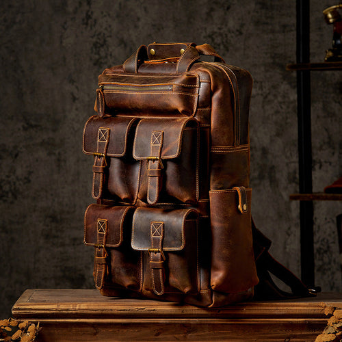 17" Retro Leather Laptop Travel Backpack, Full Grain Leather Backpack for School, Christmas gifts