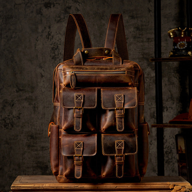 17" Retro Leather Laptop Travel Backpack, Full Grain Leather Backpack for School, Christmas gifts