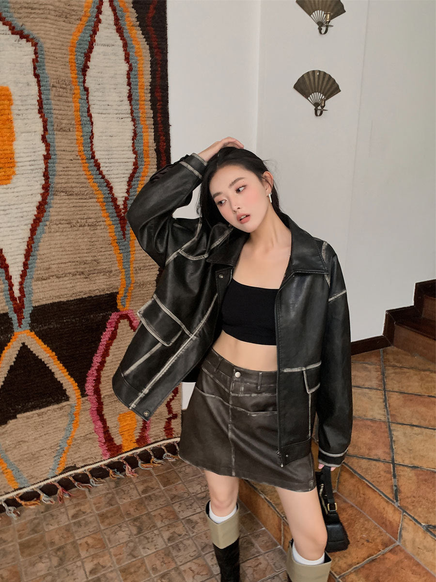 Pockets Faux Leather Jacket Women Fall Winter Vintage New Oversized Faux Pu Coat Chic Turn Down Collar Outerwear