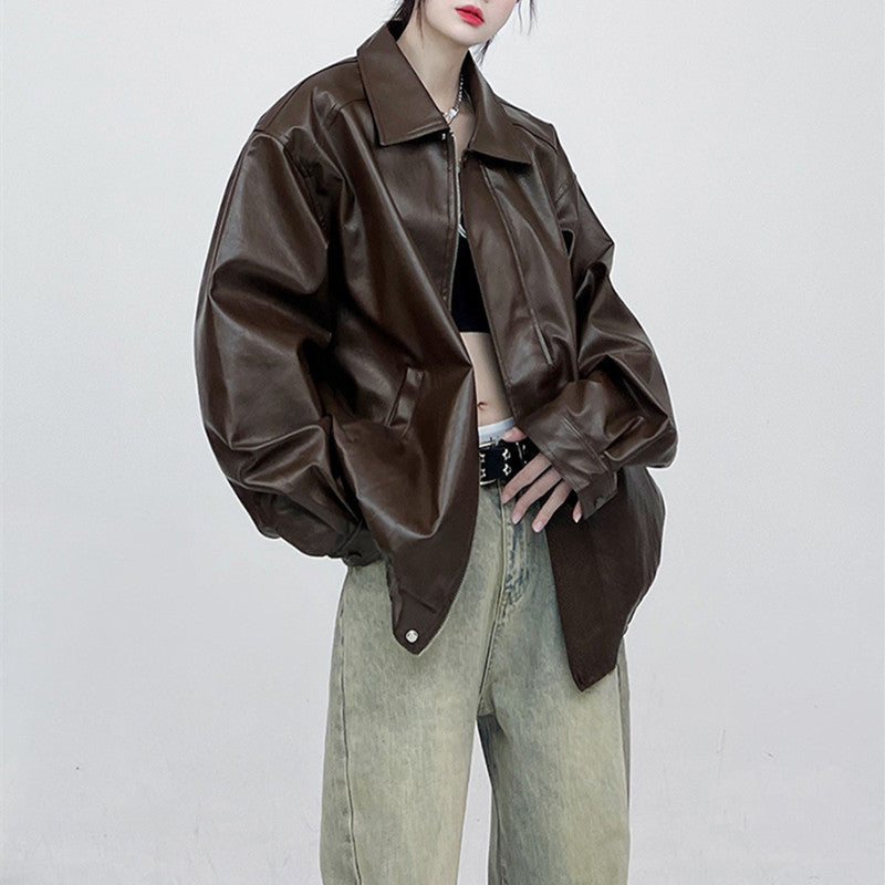 Fall New PU Leather Solid Color Hip-Hop Jacket, Biker Style Casual Versatile Coat for Men and Women