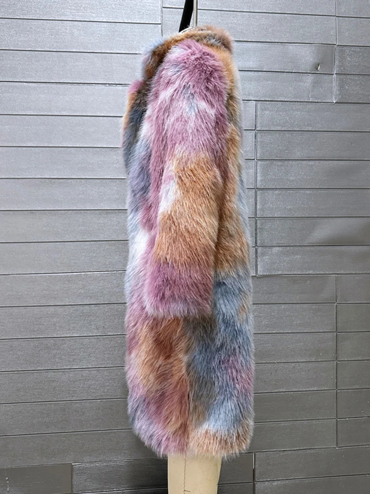 Colored Long Lapel Faux Fox Fur Coat Women Luxury Loose Fluffy Faux Fur Jackets For Women Winter Fur Coats Cardigan