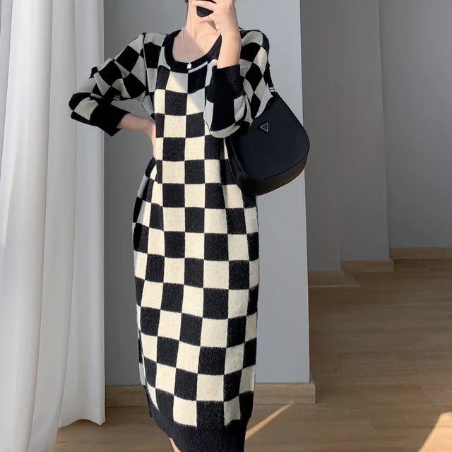 Fall Winter New Vintage O-neck Loose Long Sweater Dress Women Oversize Plaid Knitted Sweater Casual Spring Knit Dresses
