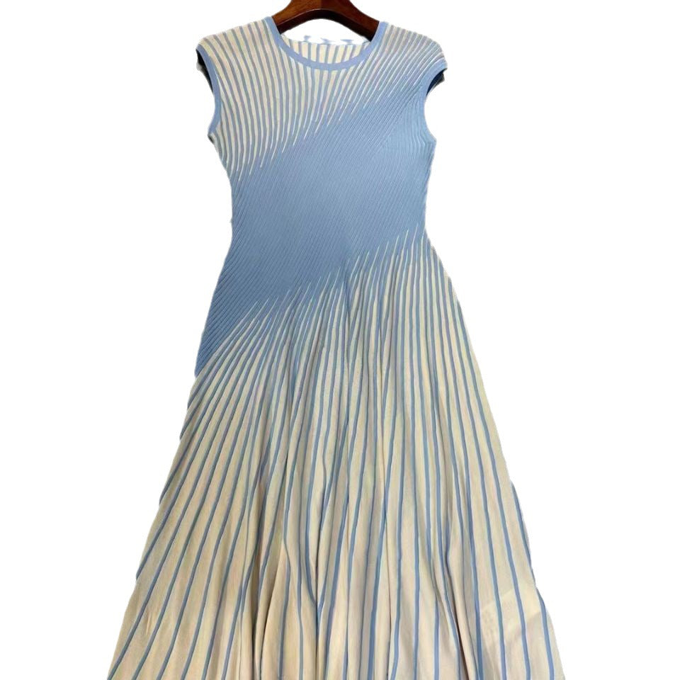 Fall Knitted Diagonal Striped Jacquard Pleated A-line Dress Women Temperament Commuting Casual Elegant Dresses
