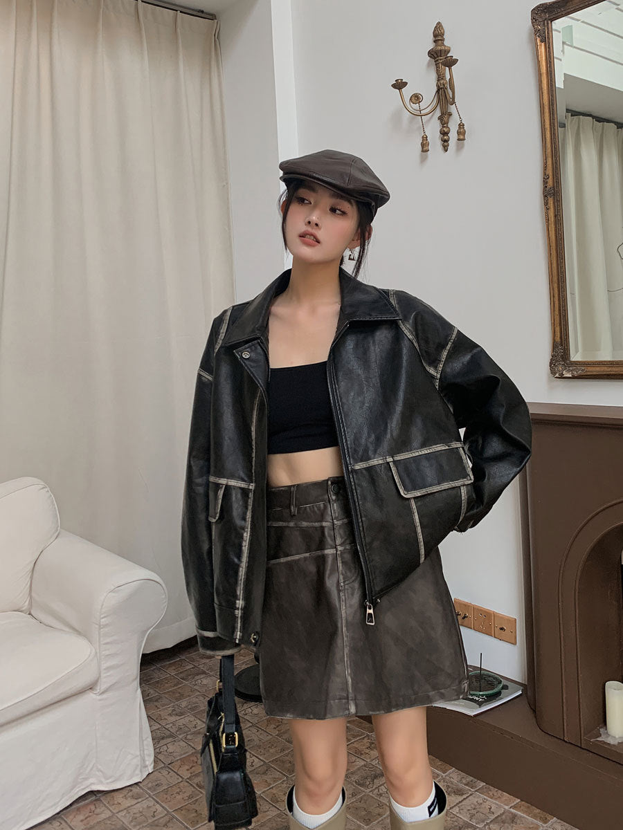 Pockets Faux Leather Jacket Women Fall Winter Vintage New Oversized Faux Pu Coat Chic Turn Down Collar Outerwear