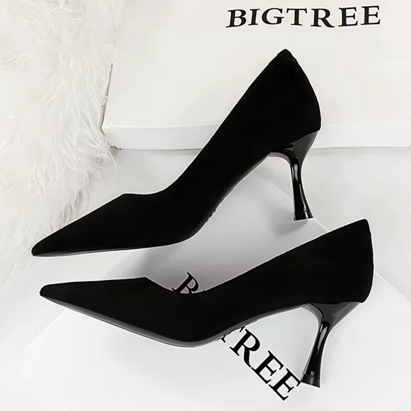 BIGTREE Shoes Suede Black Women Pumps Wine Glasses and High Heels Pointed Toe Women Heels 7 Cm 10Cm Ladies Shoes Office Shoes