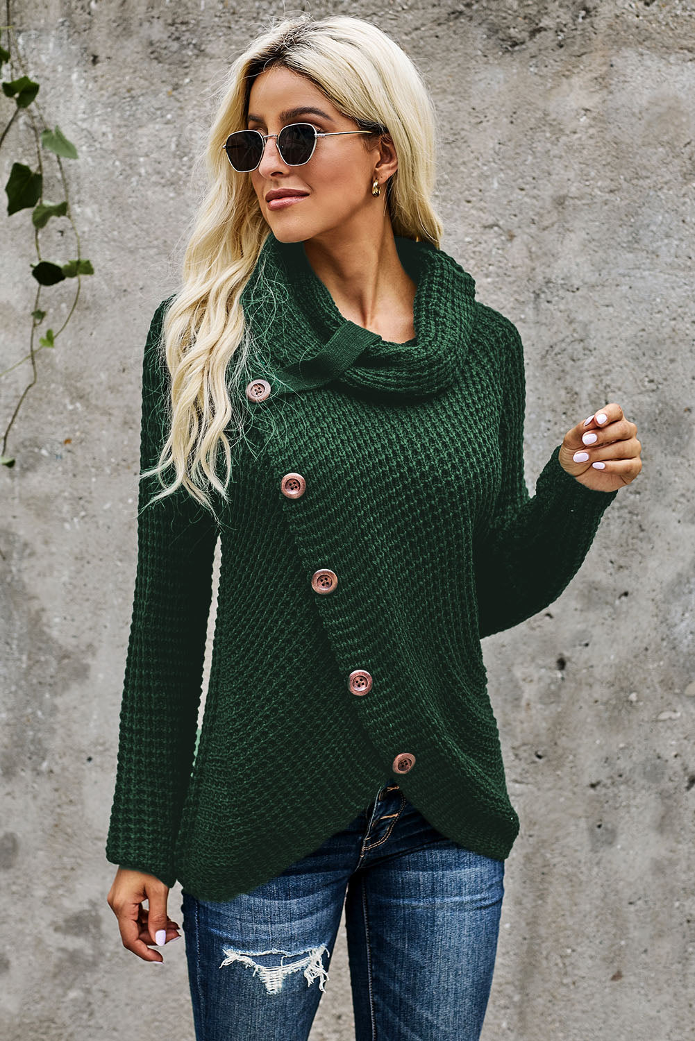 Khaki Buttoned Wrap Turtleneck Sweater