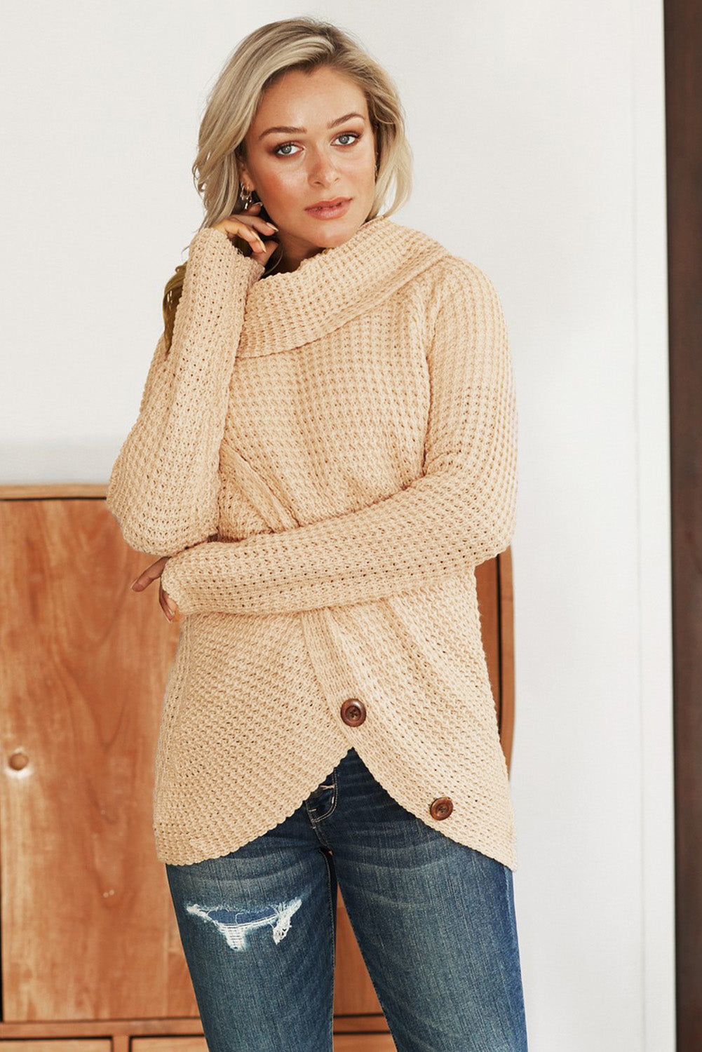 Khaki Buttoned Wrap Turtleneck Sweater