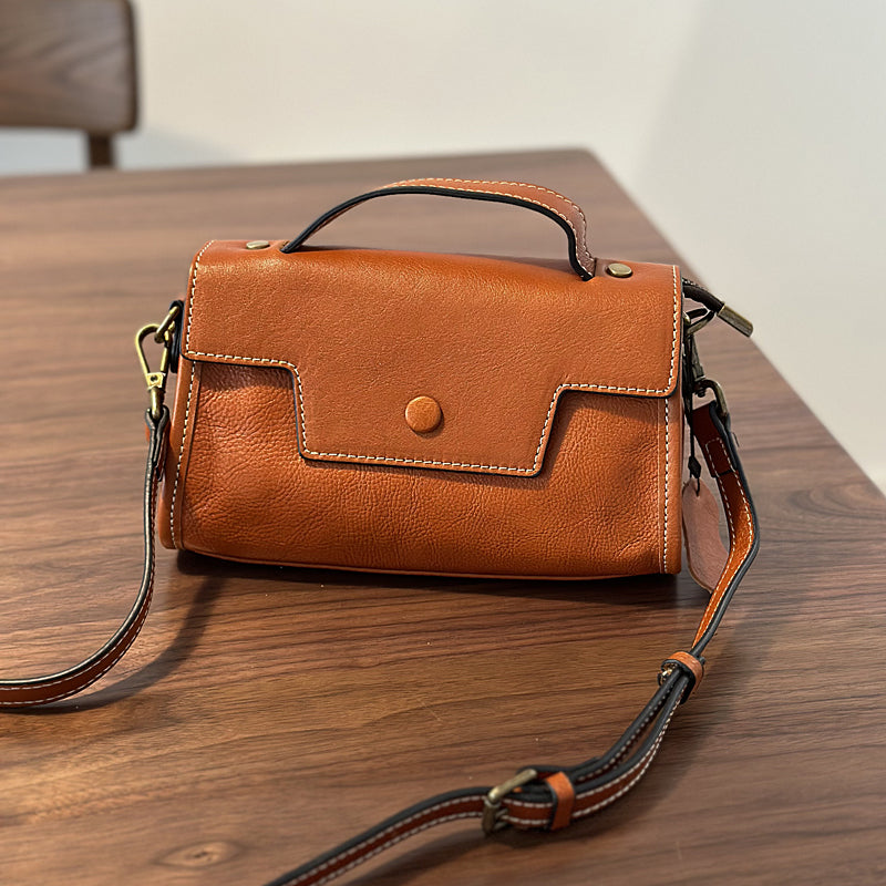 Genuine Leather Satchel handbags, Mini Leather Crossbody Bag with Removable Strap, Vintage Leather City Bag