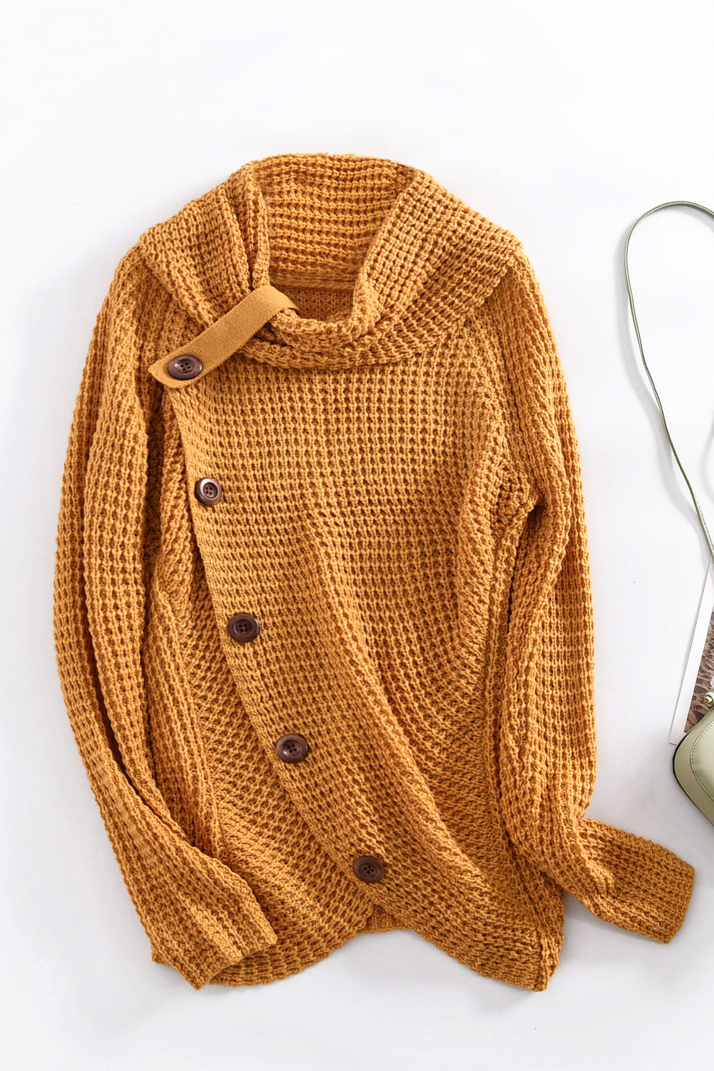 Khaki Buttoned Wrap Turtleneck Sweater