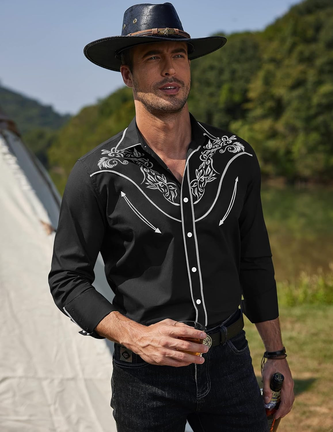 Men'S Cowboy Shirts Embroidered Rose Design Shirts Western Long Sleeve Button down Shirts