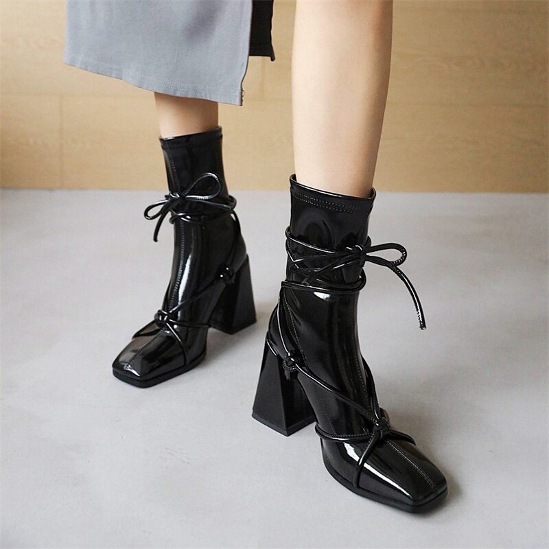 Black High Heels Ankle Boots For Women Autumn Winter Gladiator Punk Short Boots Party Shoes