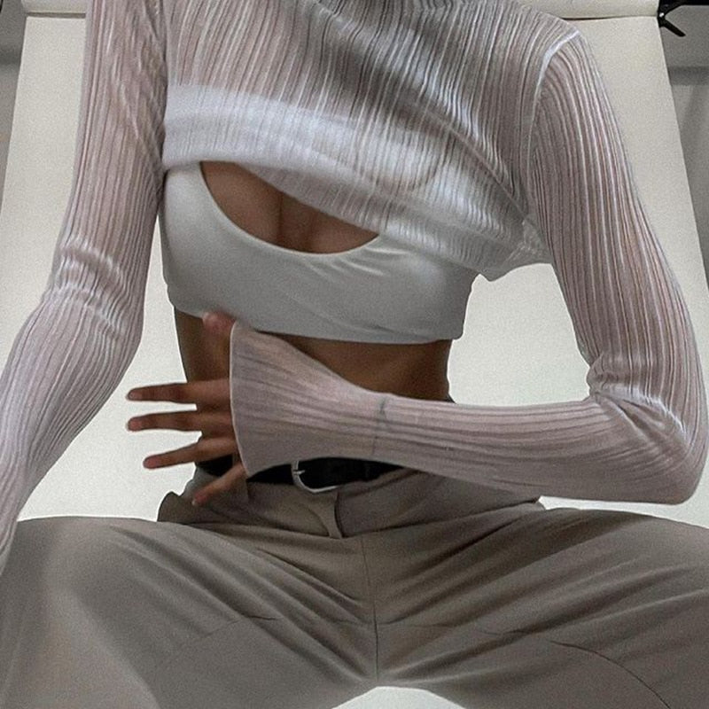Cryptographic Fall Elegant See Through Long Sleeve Mock Neck Women Tops Fashion Streetwear Sexy T-Shirts Tees Slim Clothes