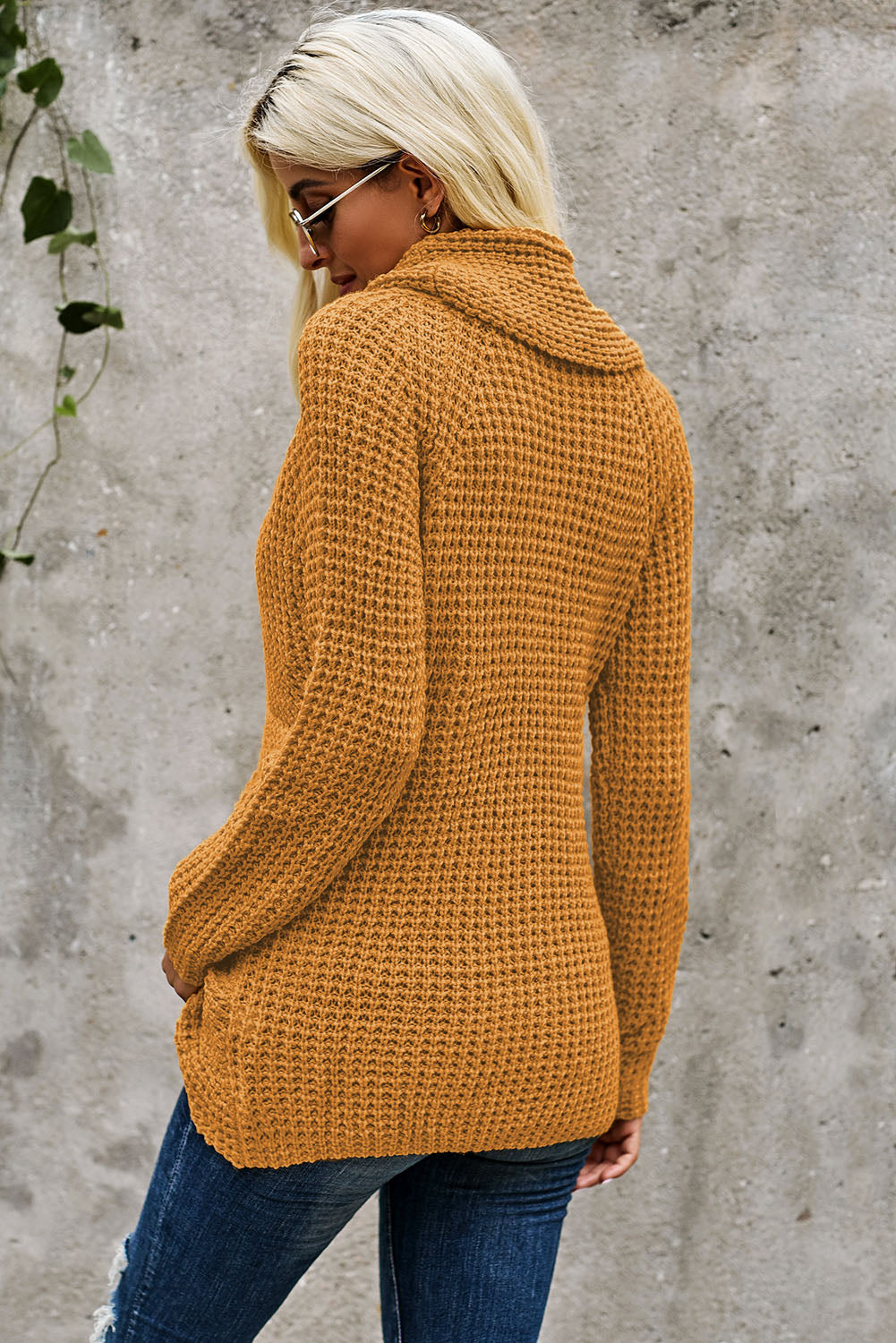 Khaki Buttoned Wrap Turtleneck Sweater