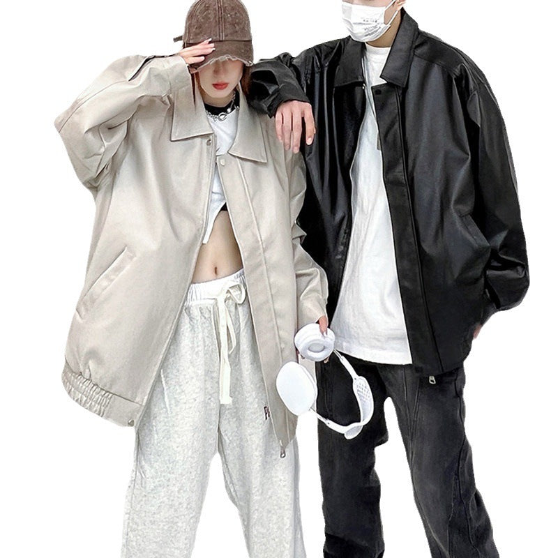 Fall New PU Leather Solid Color Hip-Hop Jacket, Biker Style Casual Versatile Coat for Men and Women