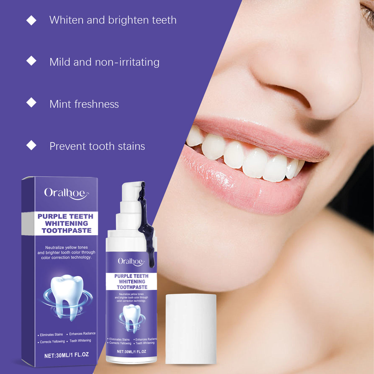 Oralhoe Purple Brightening Toothpaste Brightening Remove Stains Improve Yellow Teeth Gentle Cleaning Dental Hygiene Care Toothpaste