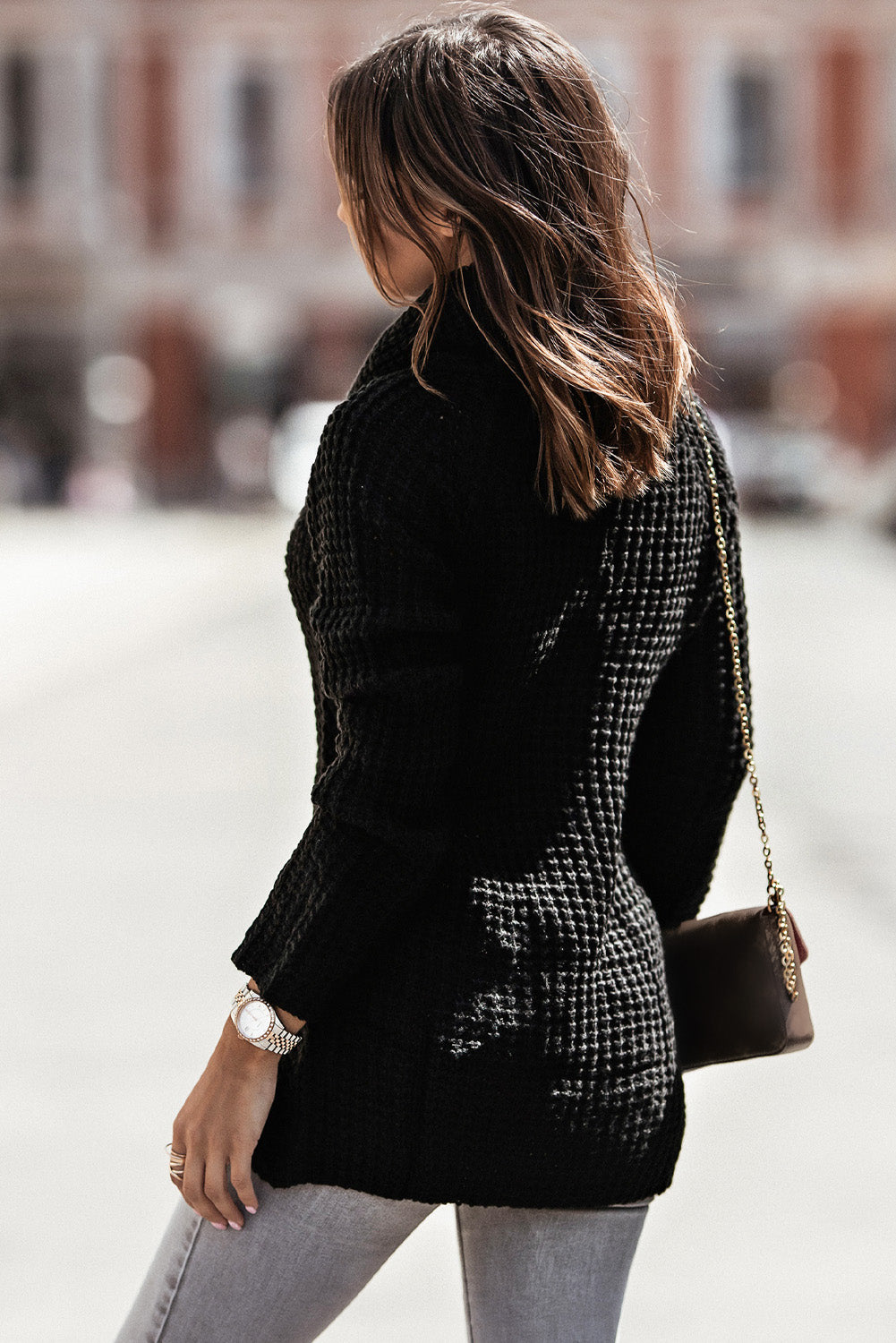 Khaki Buttoned Wrap Turtleneck Sweater