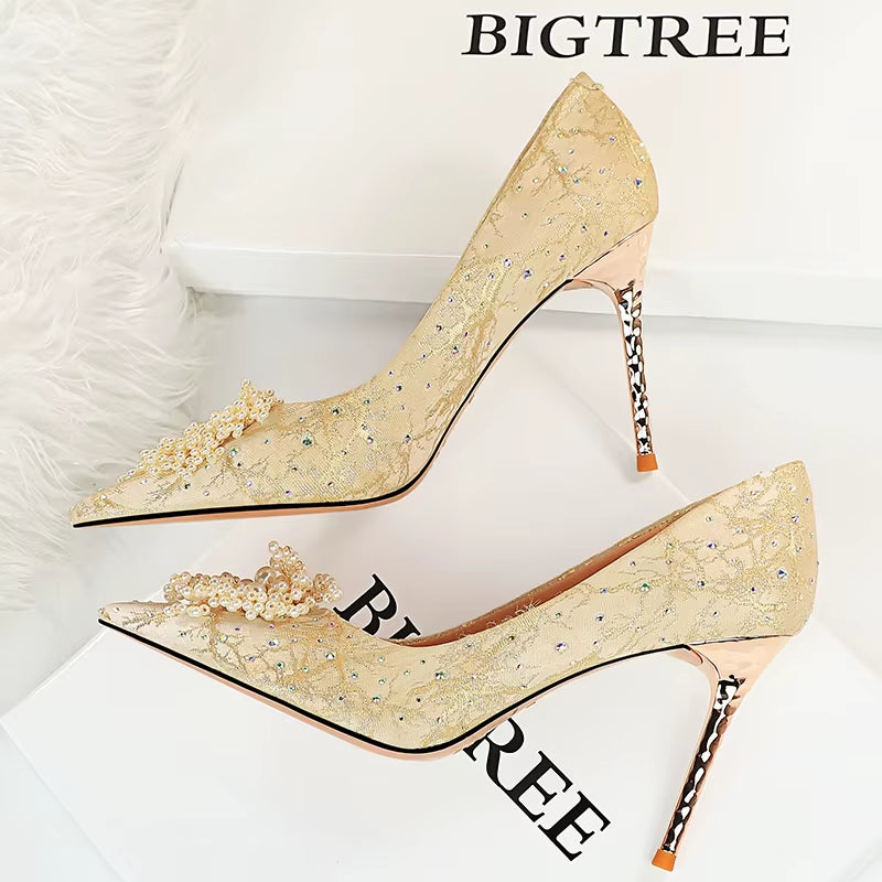 BIGTREE Shoes Pearl Flowers Woman Pumps Rhinestone High Heels 2026 New Luxurious Women Heels Stiletto Large Size Ladies Pumps