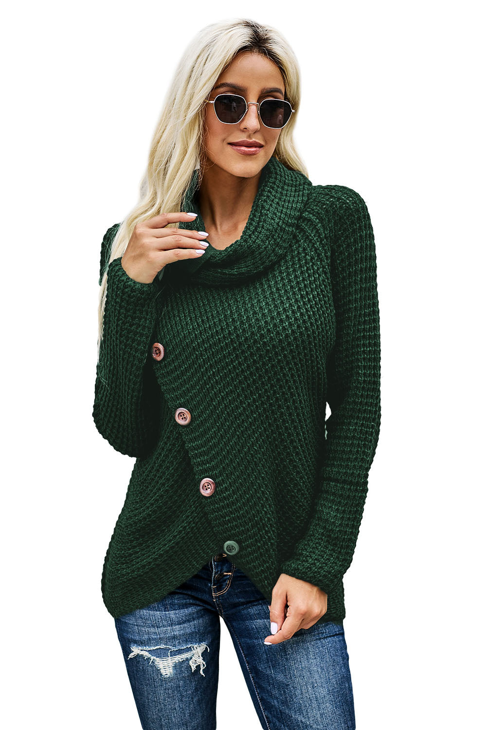 Khaki Buttoned Wrap Turtleneck Sweater