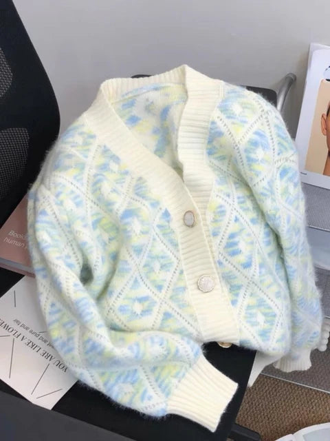 Sweet Women Sweaters Contrast Color Argyle V Neck Fall Winter Short Cardigans Korean Style Elegant Chaquetas