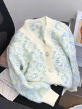 Sweet Women Sweaters Contrast Color Argyle V Neck Fall Winter Short Cardigans Korean Style Elegant Chaquetas