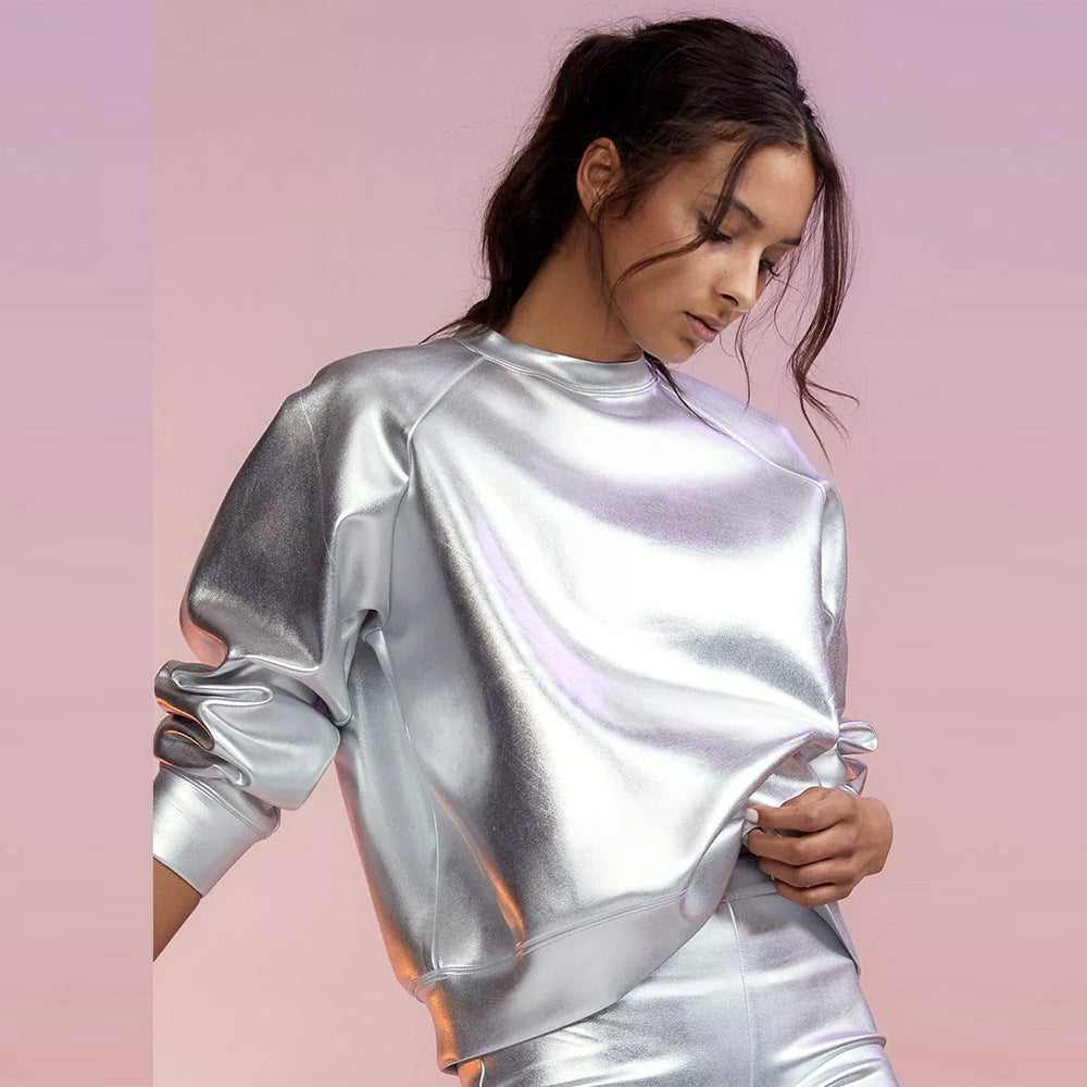Silver T-Shirt Women Fall Fashion Matching Solid Female Clothing Basic Crew Neck Tops Street Punk