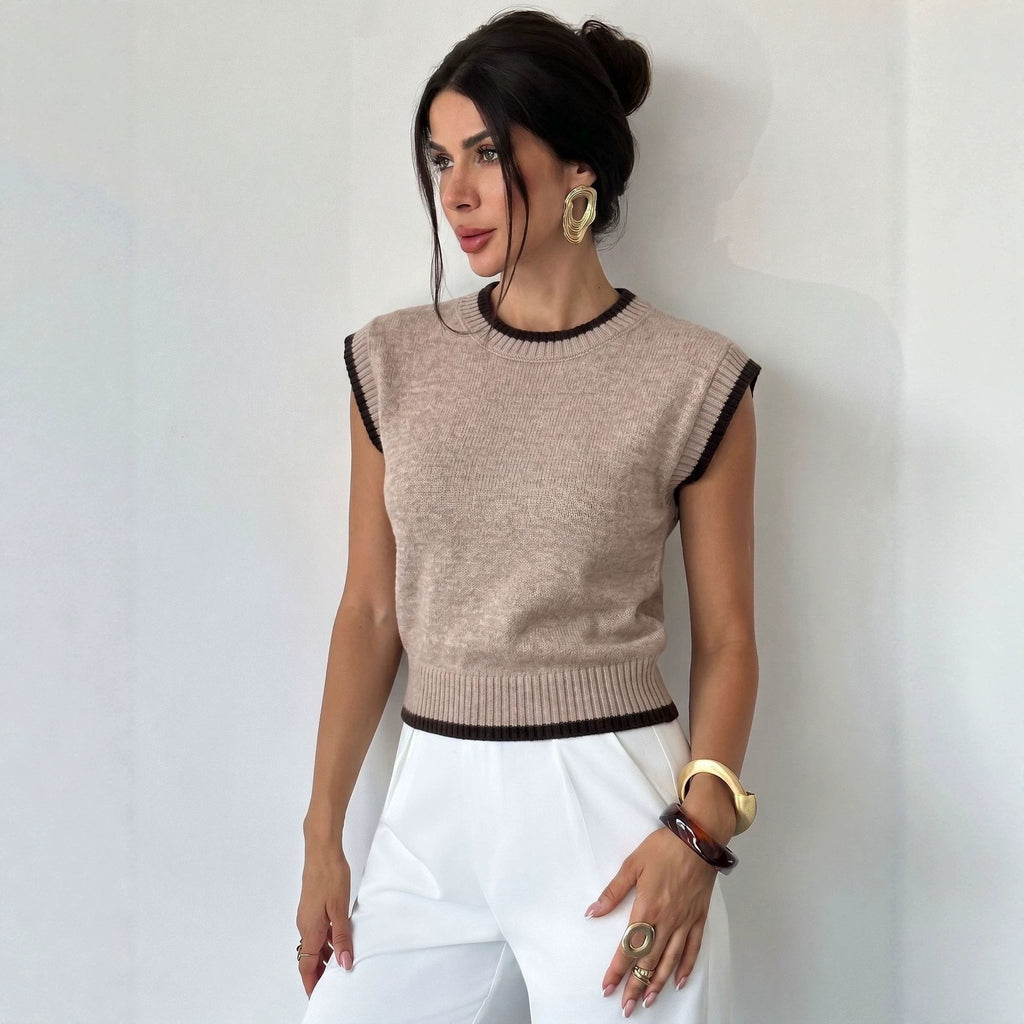 Fall and Winter New Color-Blocked Round Neck Knit Vest for Women, Loose Sleeveless Sweater Top