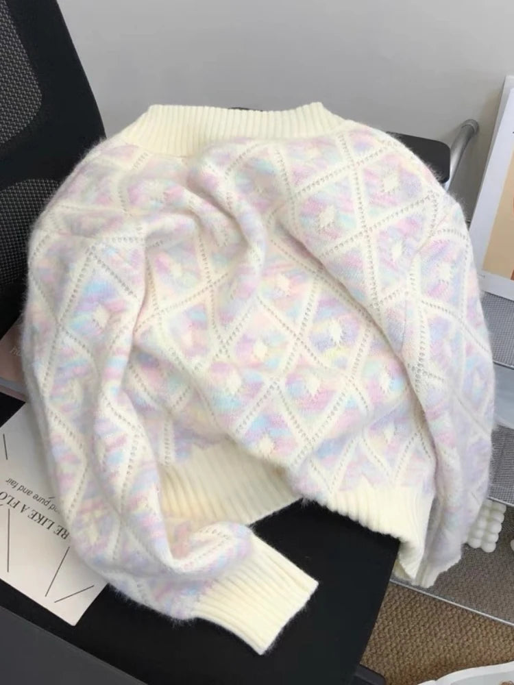 Sweet Women Sweaters Contrast Color Argyle V Neck Fall Winter Short Cardigans Korean Style Elegant Chaquetas