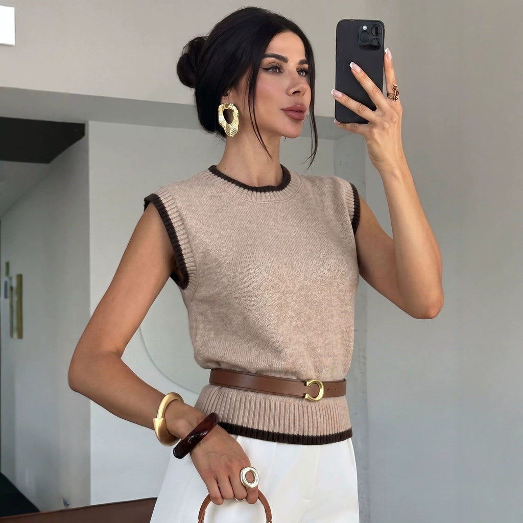 Fall and Winter New Color-Blocked Round Neck Knit Vest for Women, Loose Sleeveless Sweater Top