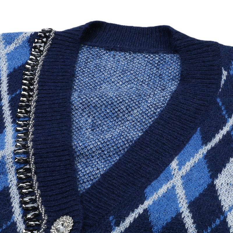 Knitted Cardigan for Women Fall Winter V Neck Jacquard Long Sleeve Jacket New Fashion Vintage Chic Slim Sweaters