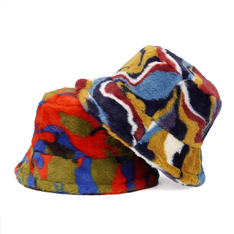 Autumn Winter Camouflage Faux Fur Bucket Hats Women Girl Fashion Warm Soft Velvet Fluffy Fisherman Hat Ladies Outdoor Panama