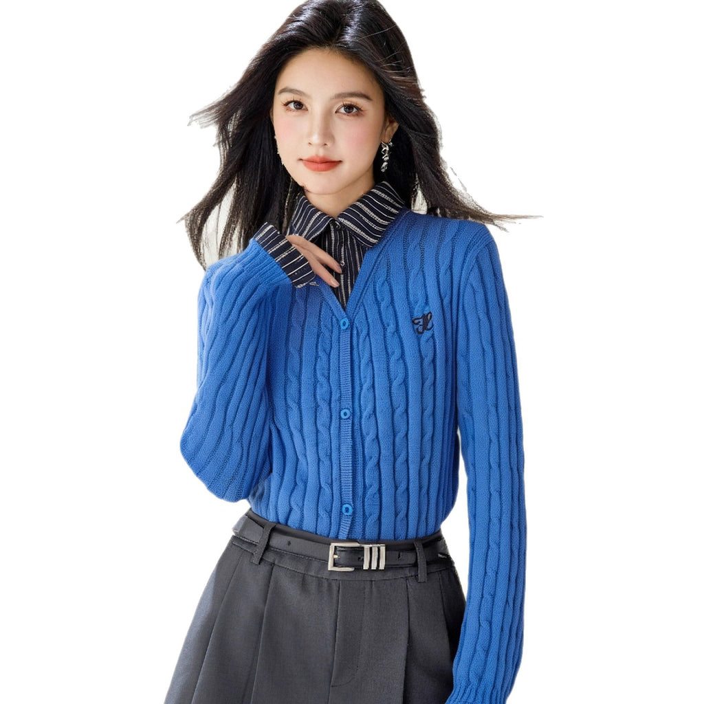 Academic Style Plaid Spliced False Two-Piece Knit Sweater for Women, Fall Fashion Design Knit Cardigan Top