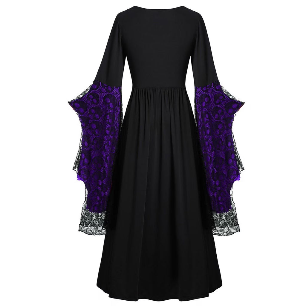 Womens Gothic Dress plus Size Flare Sleeve Dress Skull Lace Print Steampunk Dresses Cocktail Dresses Flowy Goth Corset Dress Maxi Wedding Guest Dresses Holi