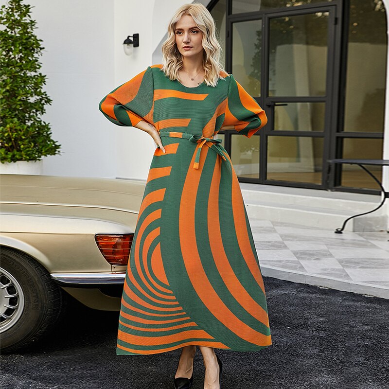 Fall Loose women pleated designer dress with Sashes orange stripes Bohemian dress high fashion aesthetic indie clothes